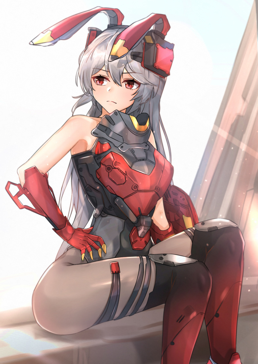 1girl, absurdres, animal_ears, armor, bare_shoulders, black_legwear, boots, breasts