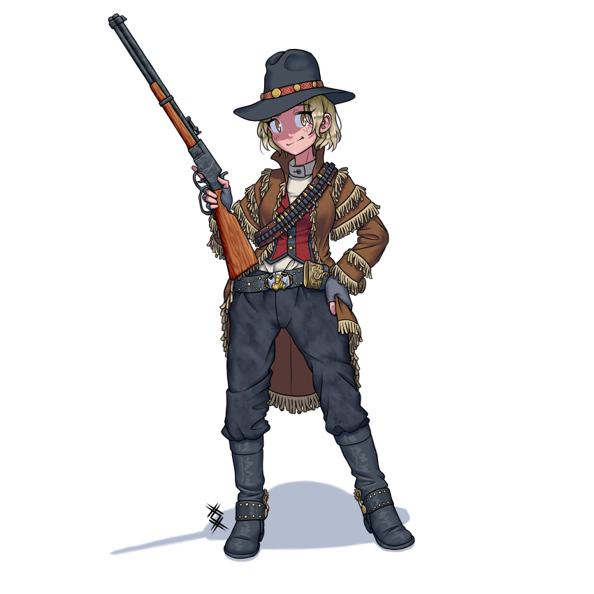 1girl, absurdres, belt, belt_buckle, black_footwear, black_headwear, blonde_hair, boots, brown_jacket, buckle, closed_mouth, cowboy_boots, cowboy_hat, cowboy_shot, fingerless_gloves, full_body, gloves, gun, hat, highres, holding, holding_gun, holding_weapon, jacket, lever_action, long_sleeves, looking_at_viewer, ostwindprojekt, pants, short_hair, simple_series, smile, solo, weapon, white_background, winchester_model_1894, yellow_eyes