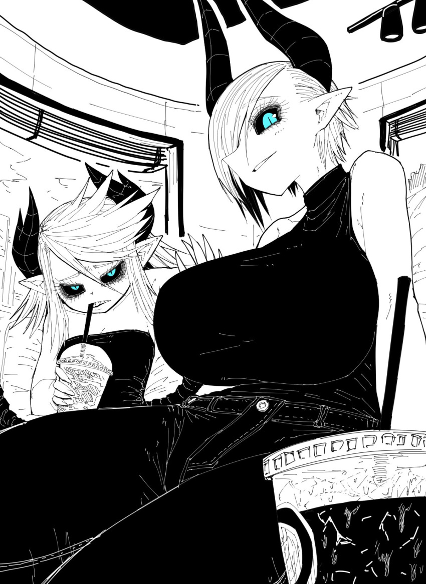 2girls, alternate_costume, bare_shoulders, black_horns, black_pants, black_sclera, blue_eyes, border, breasts, chair, colored_sclera, cup, demon_horns, demon_wings, denim, dolores_(mazohaha), drink, drinking_straw_in_mouth, highres, horns, huge_breasts, jeans, lights, limited_palette, long_hair, looking_at_viewer, multiple_girls, musuko_ga_kawaikute_shikatanai_mazoku_no_hahaoya, official_alternate_costume, pants, pointy_ears, sharp_teeth, short_hair, siblings, sisters, sitting, smile, strapless, teeth, teresa_(mazohaha), tubetop, vase, window, wings, zyugoya