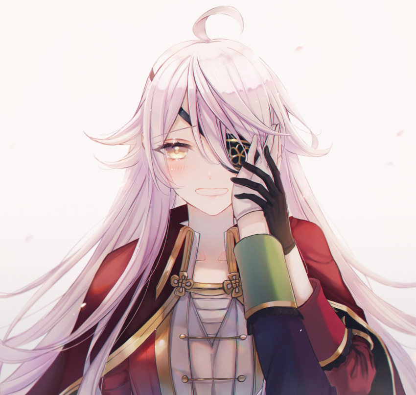 2girls, ahoge, akikaze_rui, bangs, beige_background, black_eyepatch, black_gloves, blackfangs