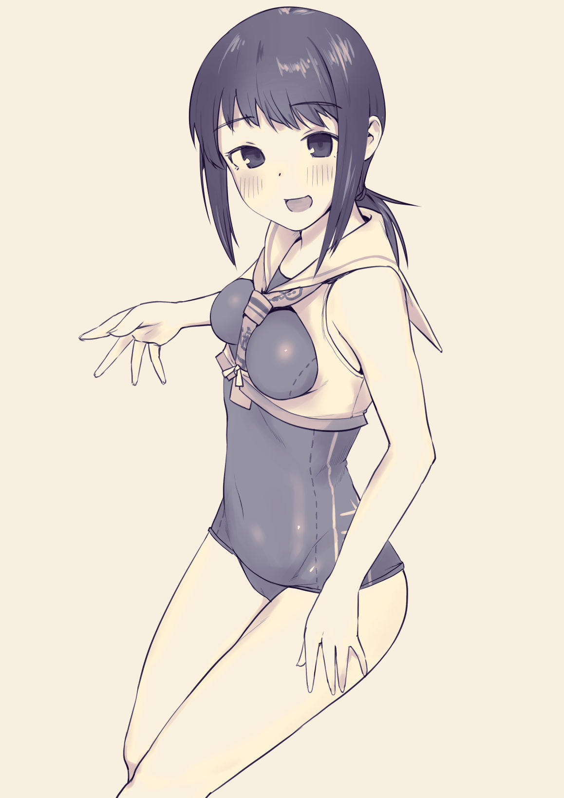 1girl, alternate_costume, bare_arms, bare_legs, bare_shoulders, black_hair, blush, commentary_request, cosplay, covered_navel, cowboy_shot, crop_top, framed_breasts, fubuki_(kancolle), greyscale, highres, i-13_(kancolle), i-13_(kancolle)_(cosplay), kantai_collection, looking_at_viewer, monochrome, open_mouth, ponytail, sailor_collar, sakieko, school_swimsuit, short_ponytail, smile, solo, swimsuit