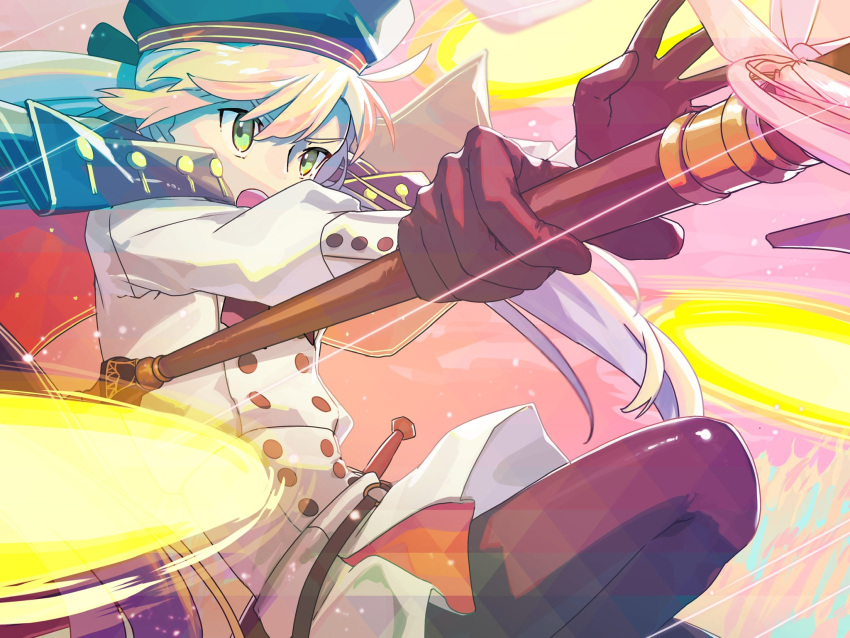 1girl, ahoge, artoria_pendragon_(all), artoria_pendragon_(caster)_(fate), bangs, belt, black_legwear, blonde_hair, coat, da_mei, eyebrows_behind_hair, eyebrows_visible_through_hair, fate/grand_order, fate_(series), gloves, green_eyes, hair_between_eyes, hat, highres, holding, holding_staff, holding_weapon, incoming_attack, open_mouth, ponytail, solo, staff, sword, thigh-highs, weapon