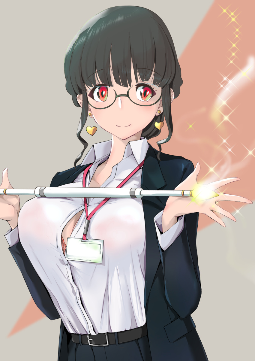 1girl, anosillus_ii, bad_hand, belt, black_hair, black_jacket, bra_through_clothes, bralines