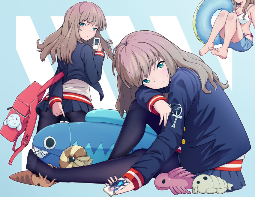 ankh, arm_behind_back, backpack, bag, bag_charm, barefoot, bikini, black_legwear