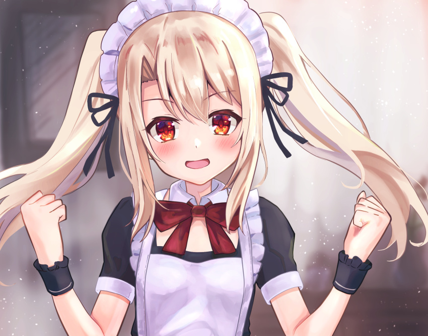 1girl, :d, alternate_costume, bangs, black_ribbon, blonde_hair, blurry, blurry_background