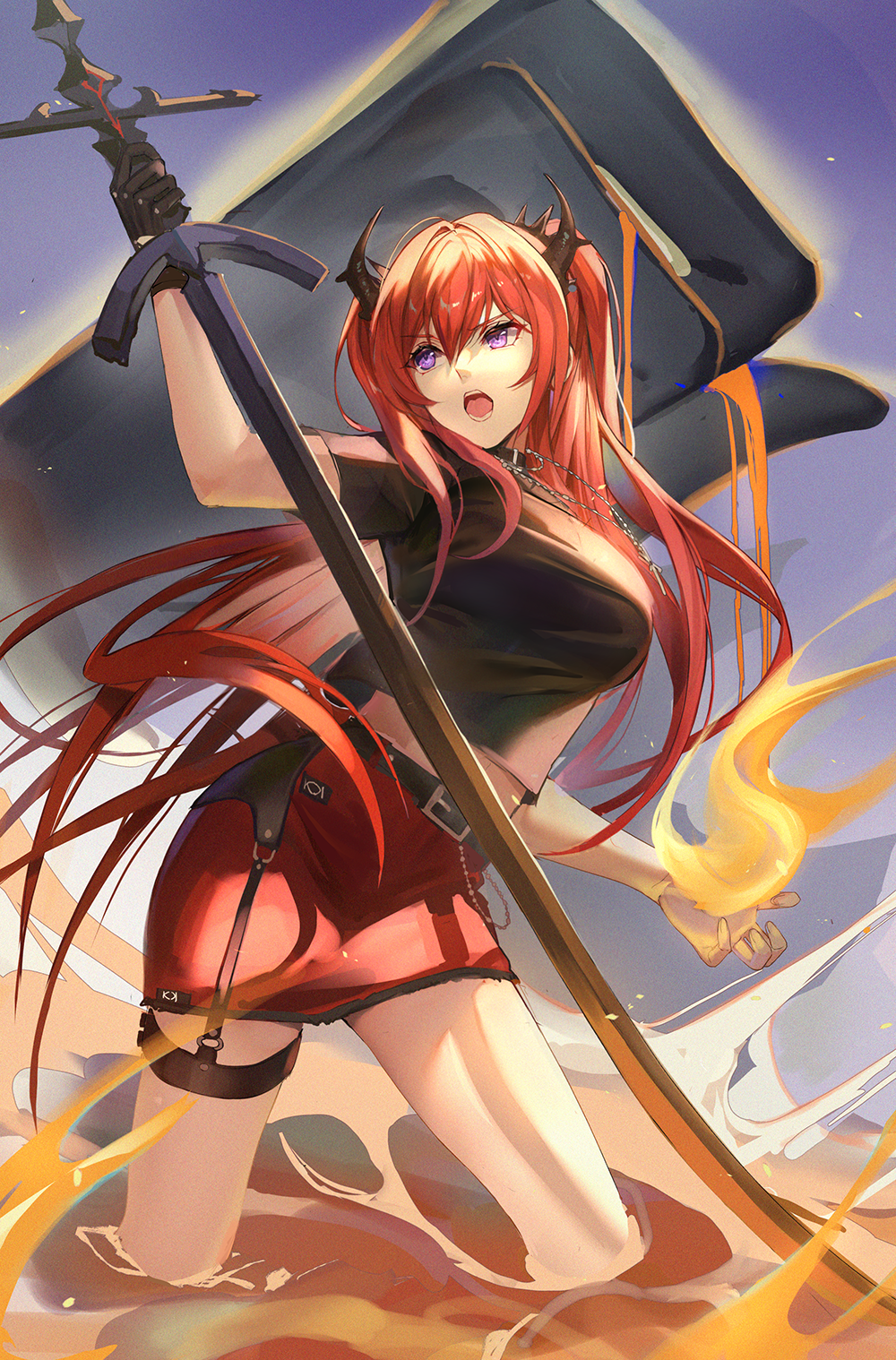1girl, arknights, bangs, black_gloves, breasts, commentary, fire, gloves