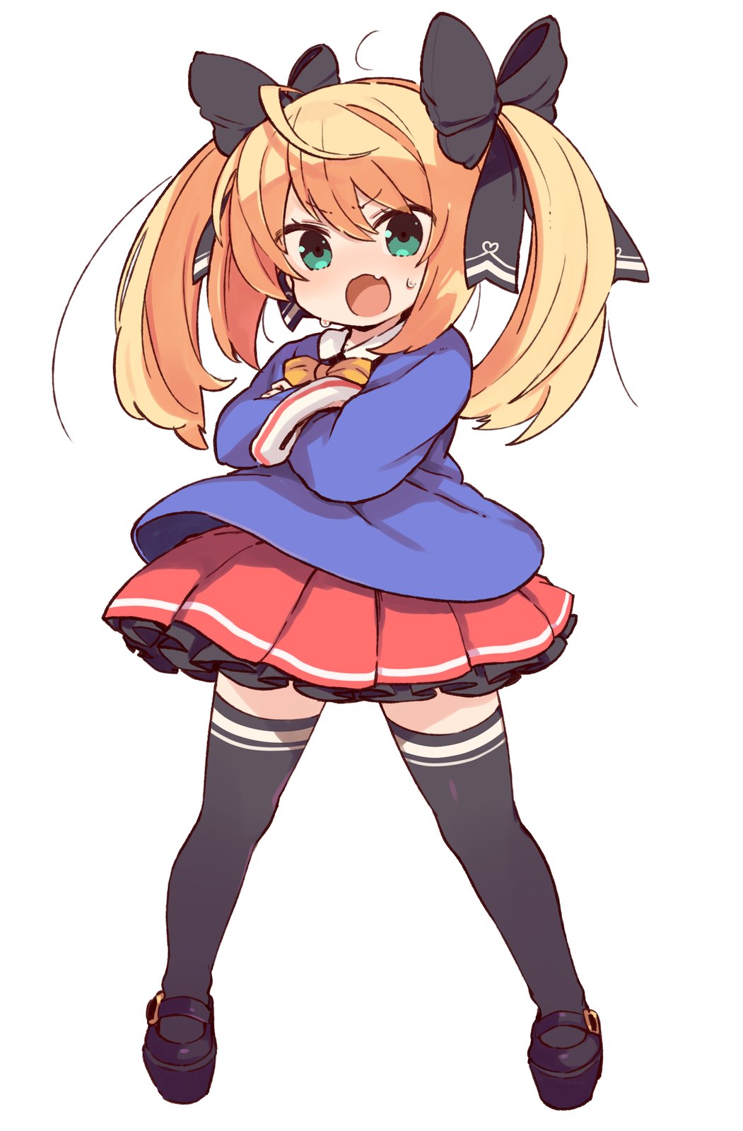 1girl, black_bow, black_footwear, black_legwear, blonde_hair, blue_shirt, bow, bowtie, commentary_request, crayon_tulip, crossed_arms, fang, full_body, green_eyes, hair_bow, highres, karasuma_kuina, long_hair, long_sleeves, looking_at_viewer, mota, open_mouth, pleated_skirt, red_skirt, shirt, shoes, skin_fang, skirt, solo, sweat, thigh-highs, twintails, wide_sleeves, yellow_neckwear, zettai_ryouiki