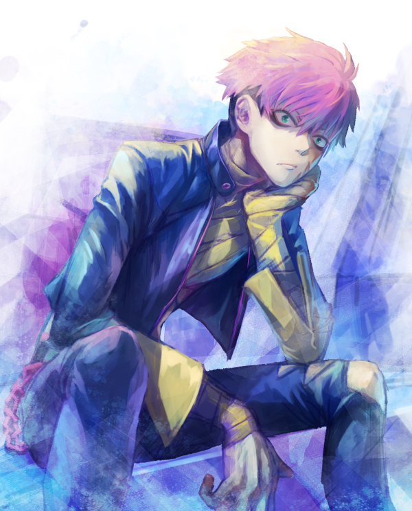 1000dragon, 1boy, bags_under_eyes, black_pants, gauma, gridman_universe, hand_on_own_cheek, hand_on_own_face, jacket, legs_apart, looking_at_viewer, male_focus, pants, pink_hair, sitting, solo, ssss.dynazenon