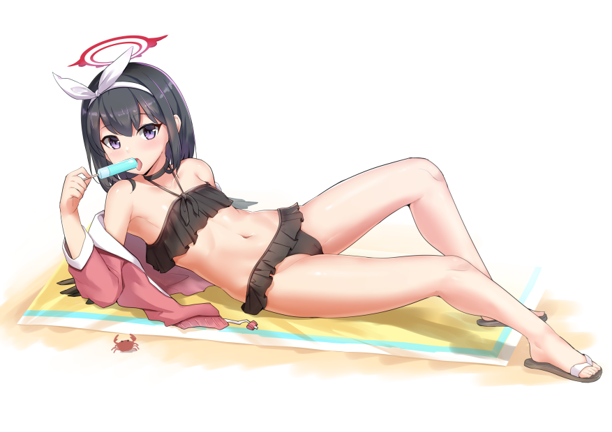 1girl, animal, bangs, bare_shoulders, bikini, black_bikini, black_choker, black_hair