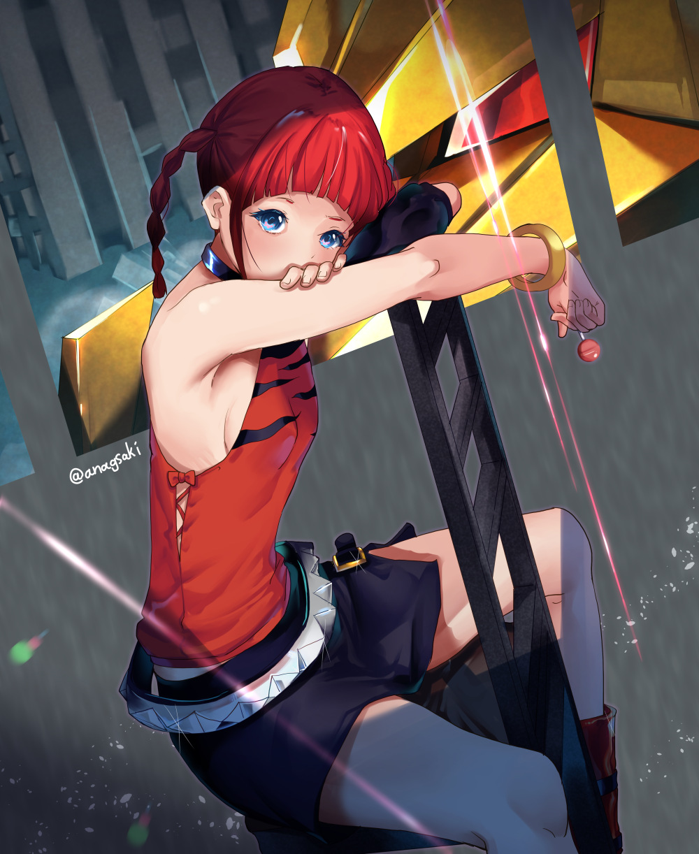 1girl, aona_(anagasaki), artist_name, asukagawa_chise, bare_shoulders, belt, black_gloves, black_skirt, blue_eyes, boots, bracelet, braid, breasts, candy, food, gloves, goldburn, grey_background, gridman_universe, hand_up, highres, indoors, jewelry, legs_apart, lollipop, red_shirt, redhead, shirt, sideboob, single_glove, sitting, skirt, small_breasts, solo, ssss.dynazenon, twin_braids