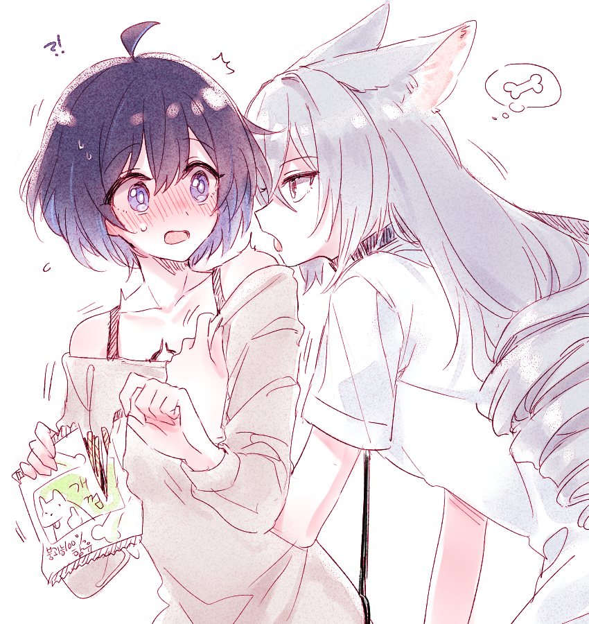 2girls, 6_(yuchae), animal_ears, antenna_hair, blue_eyes, blue_hair, blush, bronya_zaychik