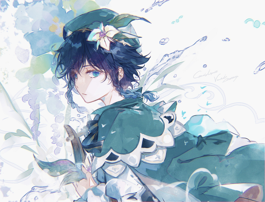 1boy, androgynous, bangs, beret, black_hair, blue_hair, bow, braid