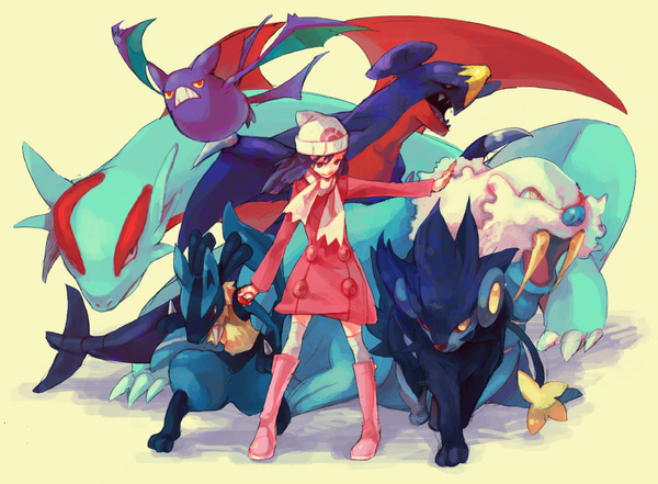 blue_hair, coat, crobat, garchomp, hikari_(pokemon), hikari_(pokemon)_(remake), lucario, luxray