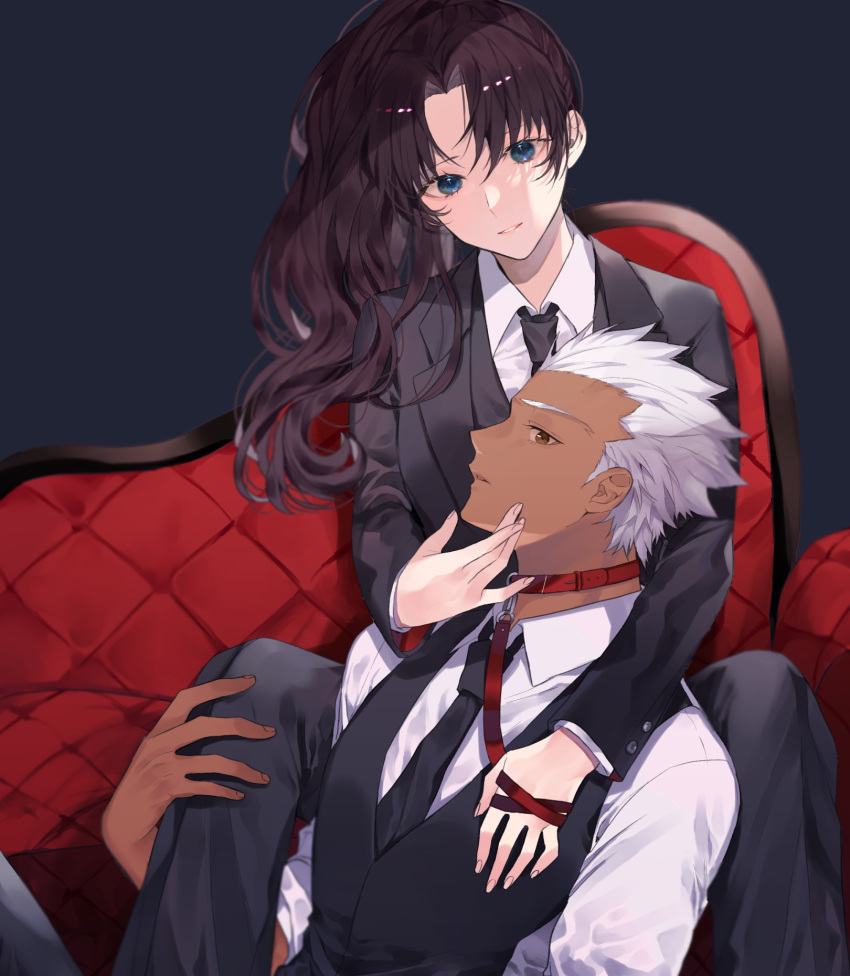 1boy, 1girl, alternate_costume, archer_(fate), bangs, black_hair, black_jacket, black_neckwear