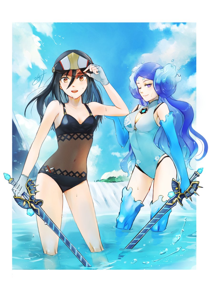 2girls, bangs, bare_shoulders, black_hair, black_swimsuit, blush, breasts, brighid_(water_lily)_(xenoblade)