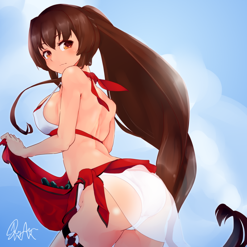 1girl, ass, bikini, blue_sky, brown_hair, clouds, cowboy_shot, kantai_collection, long_hair, looking_at_viewer, one-hour_drawing_challenge, ponytail, red_eyes, righgi, sarong, signature, sky, solo, standing, swimsuit, white_bikini, yamato_(kancolle)