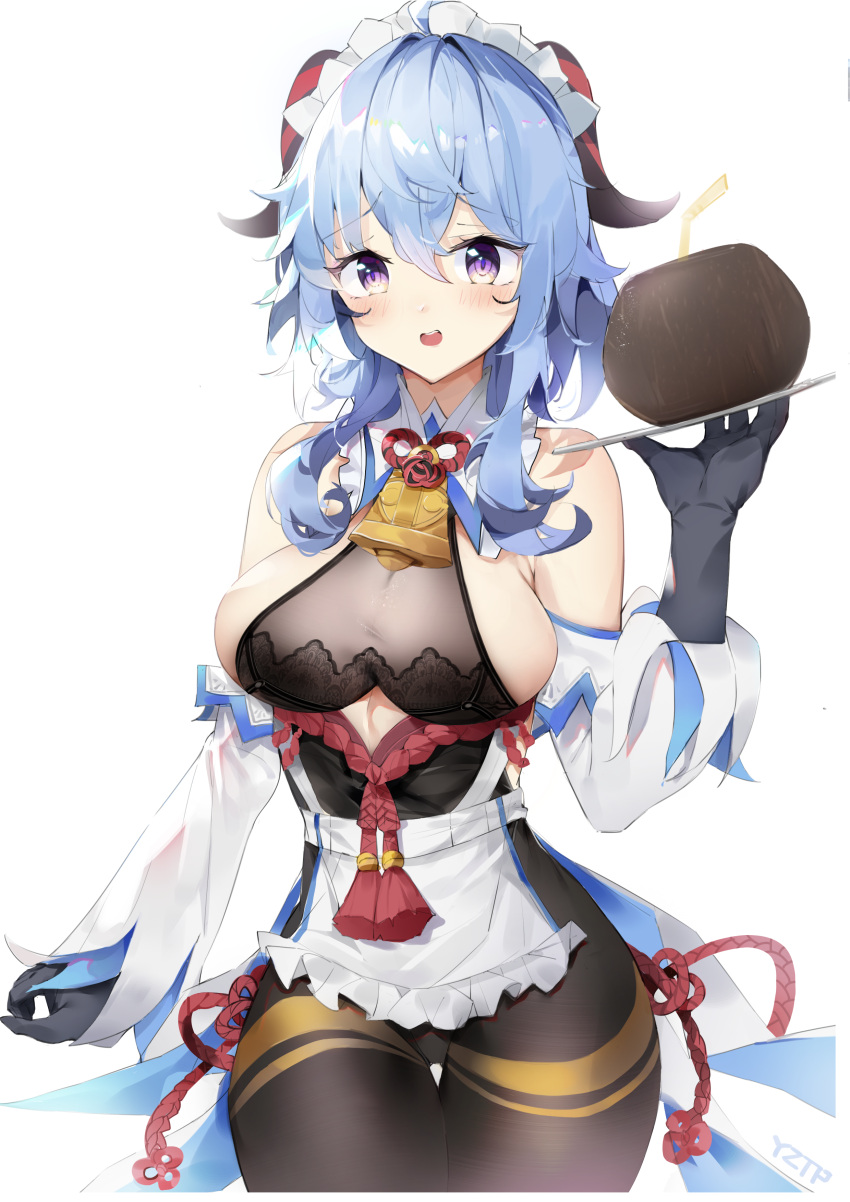 1girl, absurdres, apron, bangs, black_gloves, black_legwear, blue_hair, blush