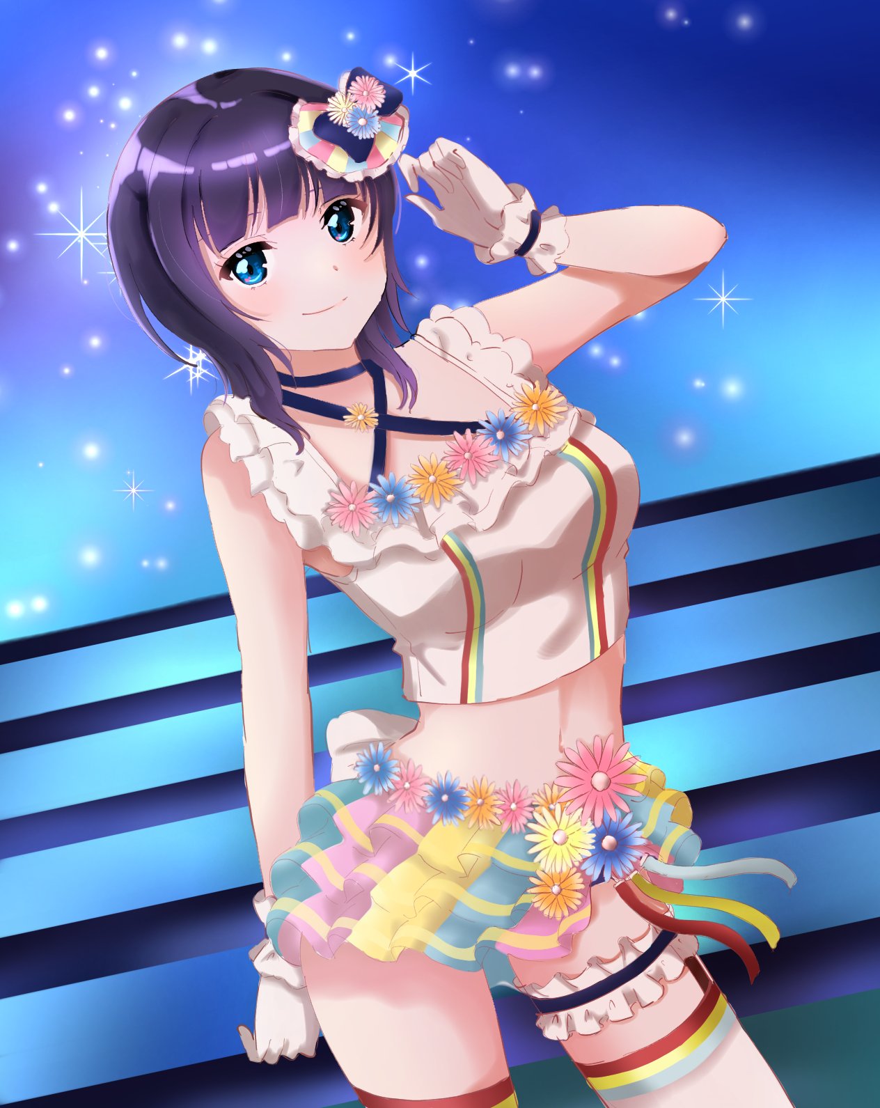 1girl, asaka_karin, bangs, black_hair, blue_eyes, blue_hair, blush, bow, breasts, criss-cross_halter, crop_top, flower, frilled_skirt, frilled_straps, frills, garters, gloves, hair_bow, hair_ornament, halterneck, highres, large_breasts, layered_skirt, love_live!, love_live!_nijigasaki_high_school_idol_club, love_u_my_friends, medium_hair, midriff, miniskirt, overskirt, rainbow_order, rainbow_skirt, skirt, solo, stage, swept_bangs, white_gloves, wristband, yui_l10