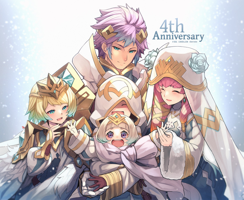 1boy, 1other, 3girls, anniversary, armor, bangs, blonde_hair, blue_hair