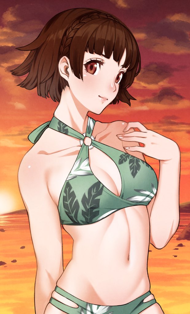 1girl, bangs, bare_shoulders, beach, braid, breasts, brown_hair, commission, commissioner_upload, crown_braid, medium_breasts, niijima_makoto, o-ring, o-ring_swimsuit, persona, persona_5, persona_5_scramble:_the_phantom_strikers, red_eyes, rojen_p, short_hair, smile, solo, sunset, swimsuit