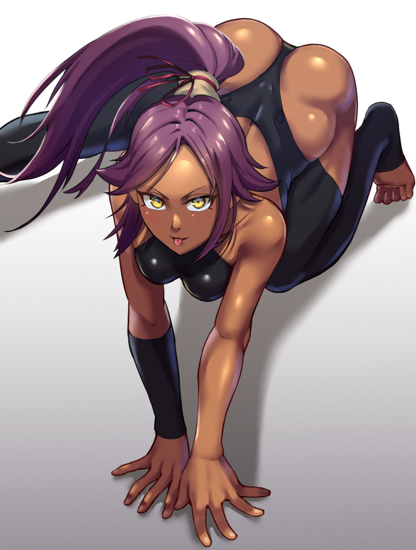 1girl, all_fours, ass, backless_outfit, bangs, black_bodysuit, bleach, bodysuit