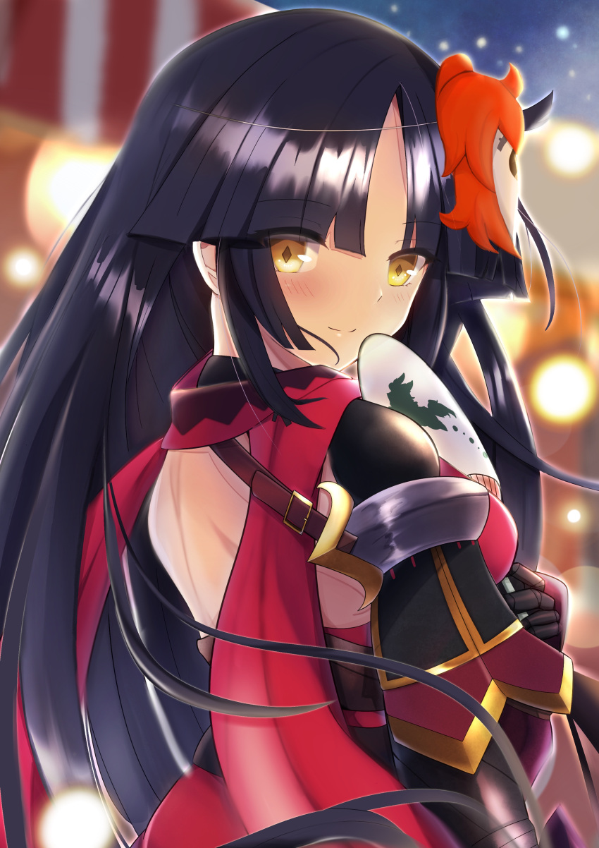 1girl, absurdres, bangs, black_hair, blurry, blurry_background, blush, character_mask