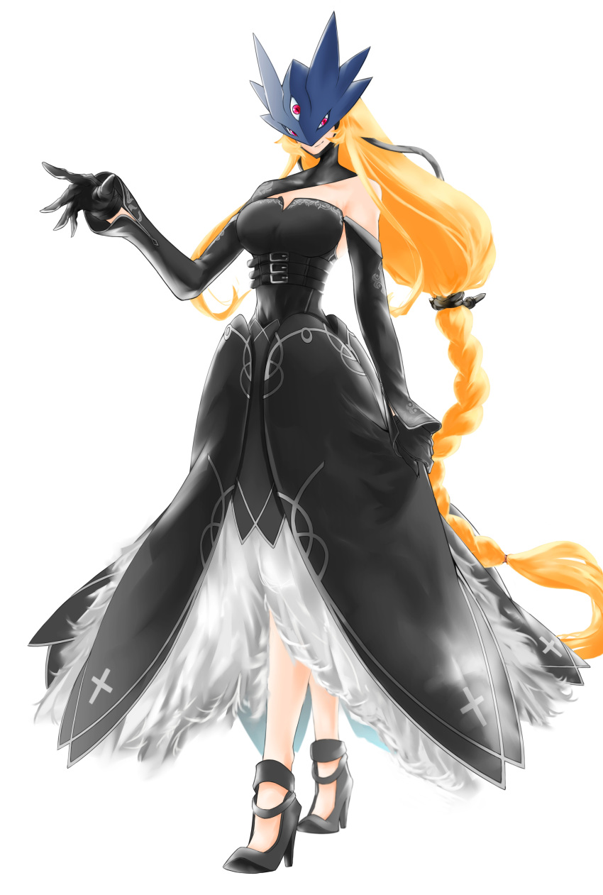 1girl, absurdres, asymmetrical_clothes, bare_shoulders, beelstarmon, belt, black_dress, blonde_hair, braid, braided_ponytail, breasts, digimon, digimon_(creature), dress, gloves, high_heels, highres, jiyuuya, long_hair, low-tied_long_hair, medium_breasts, red_eyes, third_eye, very_long_hair