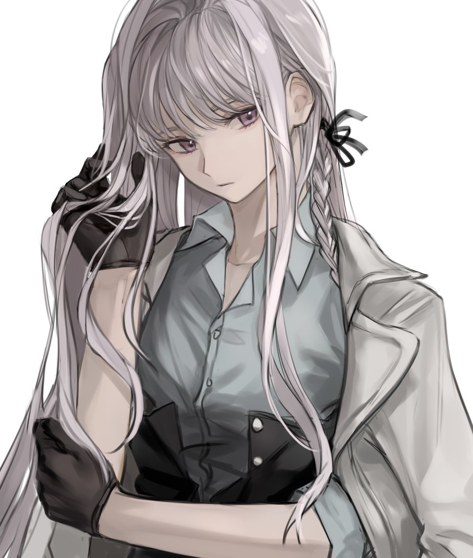 1girl, alternate_breast_size, alternate_costume, bangs, black_gloves, black_ribbon, braid, closed_mouth, collarbone, collared_shirt, dangan_ronpa:_trigger_happy_havoc, dangan_ronpa_(series), gloves, grey_eyes, grey_jacket, grey_shirt, hair_ribbon, hand_in_hair, jacket, jacket_on_shoulders, kirigiri_kyouko, long_hair, looking_at_viewer, muuyiie, ribbon, shirt, side_braid, simple_background, solo, symbol_commentary, upper_body, white_background, white_shirt