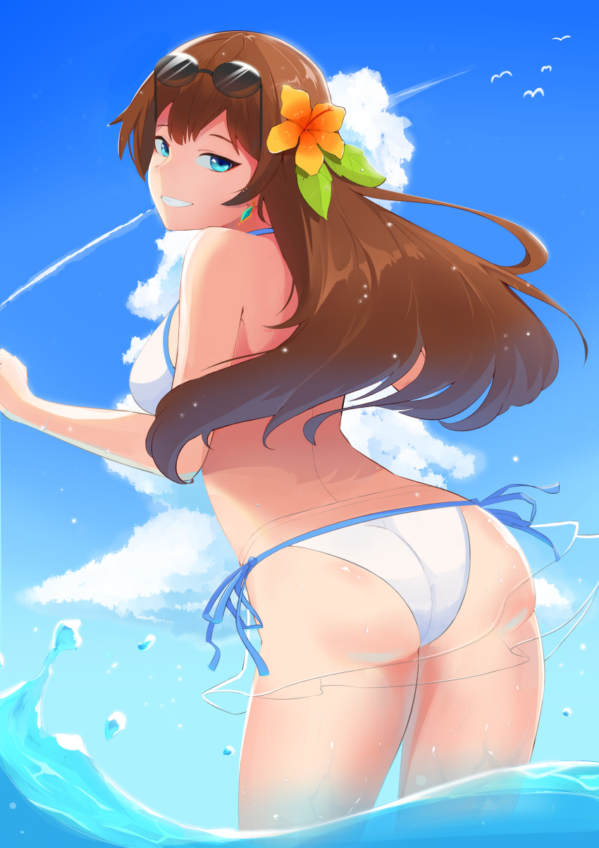1girl, absurdres, ass, asymmetrical_bangs, back, bangs, beach, bikini