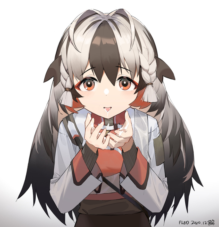 1girl, arknights, artist_name, black_hair, brown_skirt, chinese_commentary, dated, fled