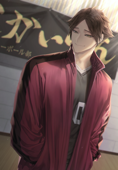 1boy, black_hair, haikyuu!!, hands_in_pockets, hemoon, indoors, jacket, long_sleeves