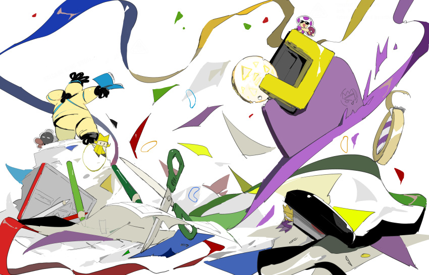 0_0, 1girl, 2boys, absurdres, apios1, arms_up, bangs, black_eyes