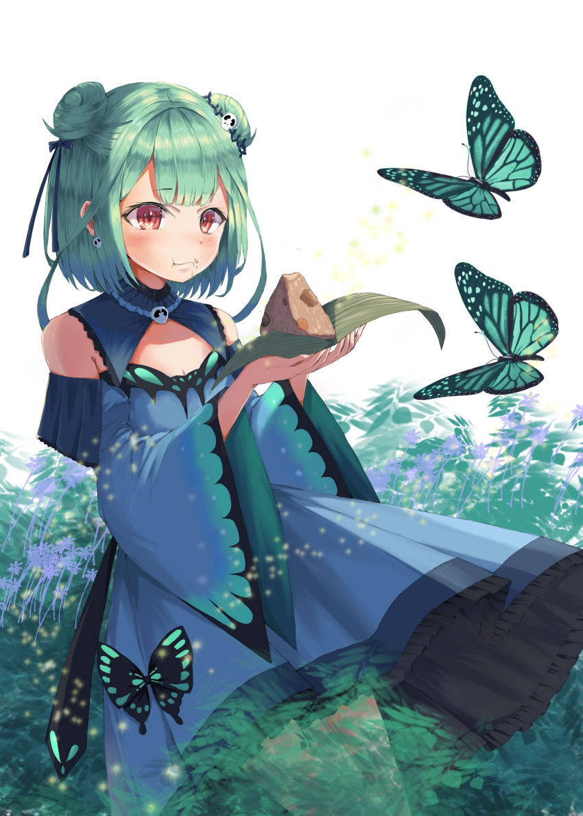 1girl, absurdres, bangs, black_bow, blush, bow, breasts, bug, butterfly, cleavage_cutout, clothing_cutout, commentary_request, detached_collar, detached_sleeves, eyebrows_visible_through_hair, food, green_eyes, hair_bow, hair_ornament, highres, hololive, insect, leaf, long_sleeves, medium_breasts, natsuki_(digretking), red_eyes, skull_hair_ornament, solo, uruha_rushia, wide_sleeves