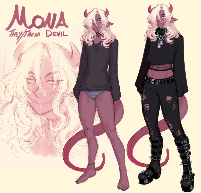 1other, androgynous, bangs, bare_legs, barefoot, belt, black_nails, black_pants, black_shirt, blonde_hair, boots, character_name, colored_skin, commentary, ear_clip, english_commentary, eyebrows_visible_through_hair, eyes_visible_through_hair, fishnets, full_body, grey_panties, groin, hair_over_one_eye, highres, horns, ittla, knee_boots, long_hair, long_sleeves, midriff, mona_(ittla), multiple_views, navel, no_pants, original, panties, pants, pointy_ears, red_skin, shirt, simple_background, sleeves_past_wrists, smile, spiked_footwear, striped, striped_panties, tail, toenail_polish, torn_clothes, torn_pants, underwear, yellow_background, yellow_eyes, zoom_layer