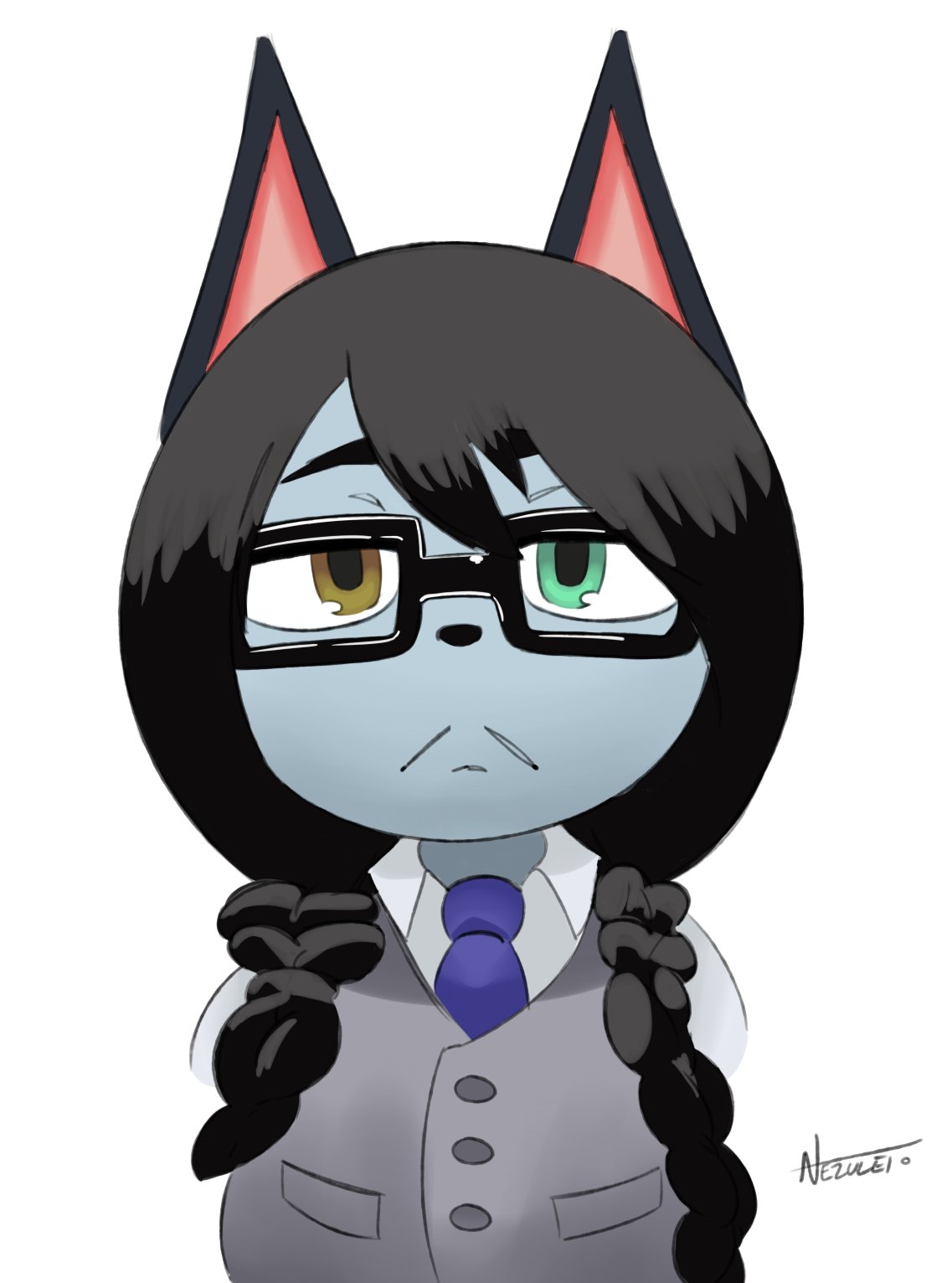 1girl, animal_crossing, black-framed_eyewear, black_hair, blue_skin, braid, brown_eyes, colored_skin