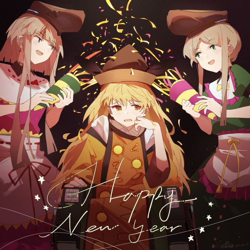 3girls, apron, bangs, black_background, blonde_hair, bow, brown_hair, brown_headwear