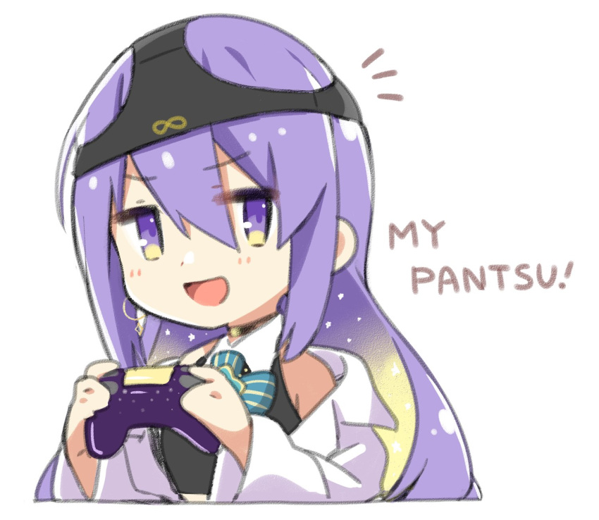 1girl, black_panties, controller, earrings, game_controller, gradient_hair, highres, holding, holding_controller, hololive, hololive_indonesia, jacket, jewelry, komo_wan110, long_hair, moona_hoshinova, multicolored_hair, object_on_head, panties, panties_on_head, purple_hair, single_earring, underwear, violet_eyes, virtual_youtuber, white_background, white_jacket
