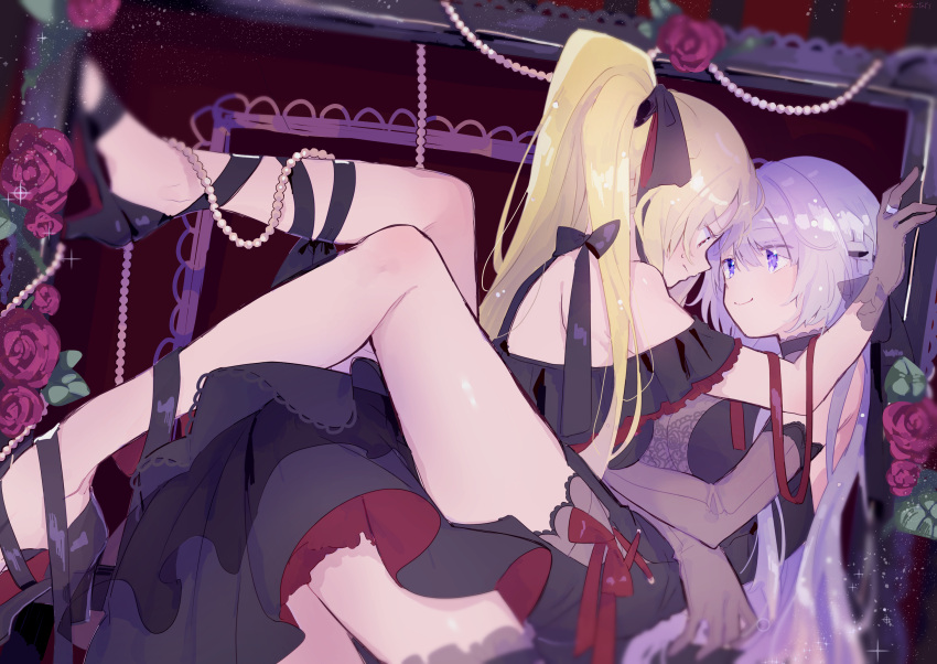 2girls, bangs, bare_legs, black_dress, black_footwear, black_gloves, black_ribbon, blonde_hair