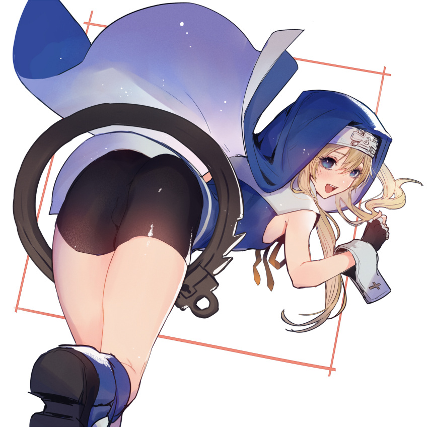 1boy, ass, bangs, bare_legs, bent_over, blonde_hair, blue_eyes, bridget_(guilty_gear)