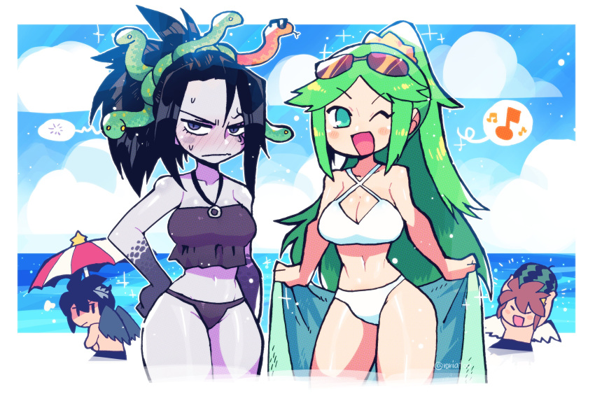 2boys, 2girls, absurdres, angel_wings, beach, beach_umbrella, bikini, black_hair