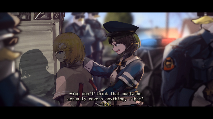 2girls, absurdres, black_hair, blonde_hair, blue_eyes, blue_headwear, blue_jacket, blue_shirt