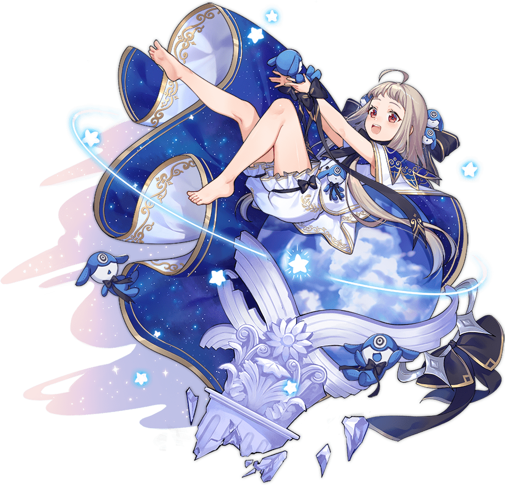 1girl, ahoge, ark_order, artist_request, bare_legs, black_bow, bloomers, bow, cape, epimetheus_(ark_order), feet, gold_trim, hair_bow, long_hair, official_art, planet, platinum_blonde_hair, red_eyes, short_bangs, solo, star_(symbol), starry_sky_print, stuffed_animal, stuffed_toy, tachi-e, underwear, very_long_hair, white_bloomers, wrist_bow