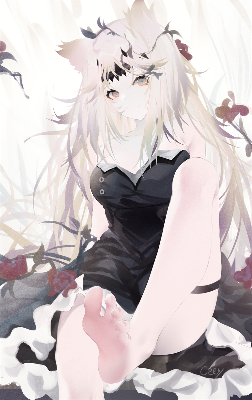 1girl, animal_ears, archetto_(arknights), arknights, bangs, bare_legs, barefoot, black_dress