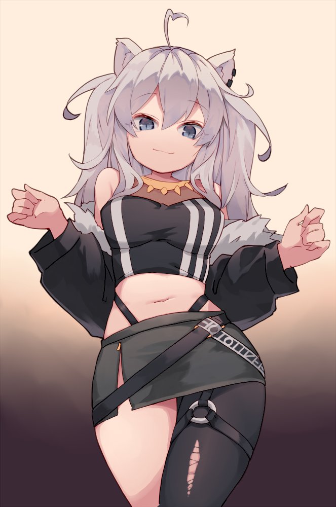 1girl, ahoge, animal_ears, black_background, black_jacket, black_legwear, black_shirt, black_skirt