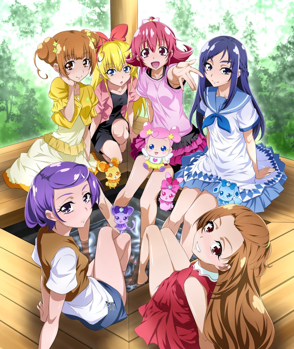6+girls, :d, ai-chan_(dokidoki!_precure), aida_mana, arm_support, barefoot, blonde_hair, blue_dress