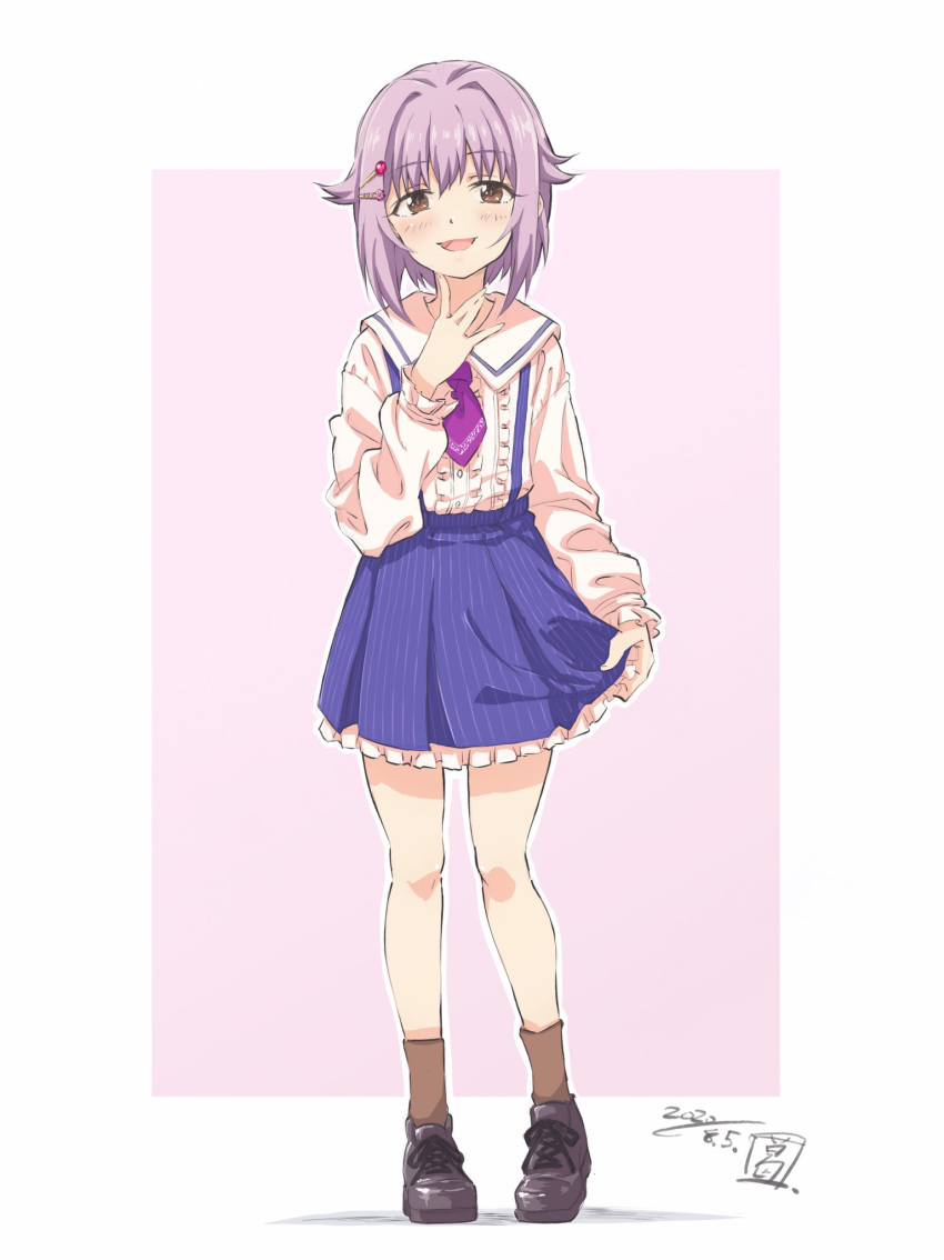 1girl, artist_name, bangs, black_footwear, blue_sky, border, brown_eyes, brown_legwear