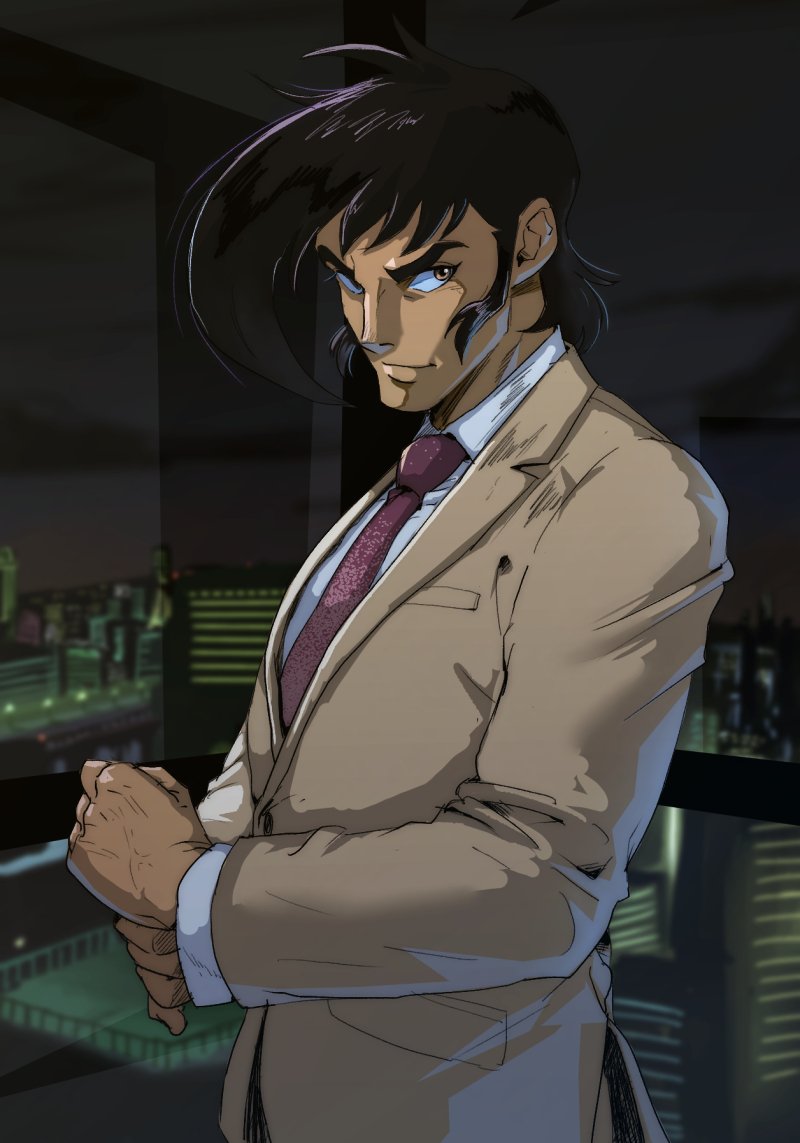 1boy, bangs, black_hair, brown_eyes, city, collared_shirt, formal, getter_robo