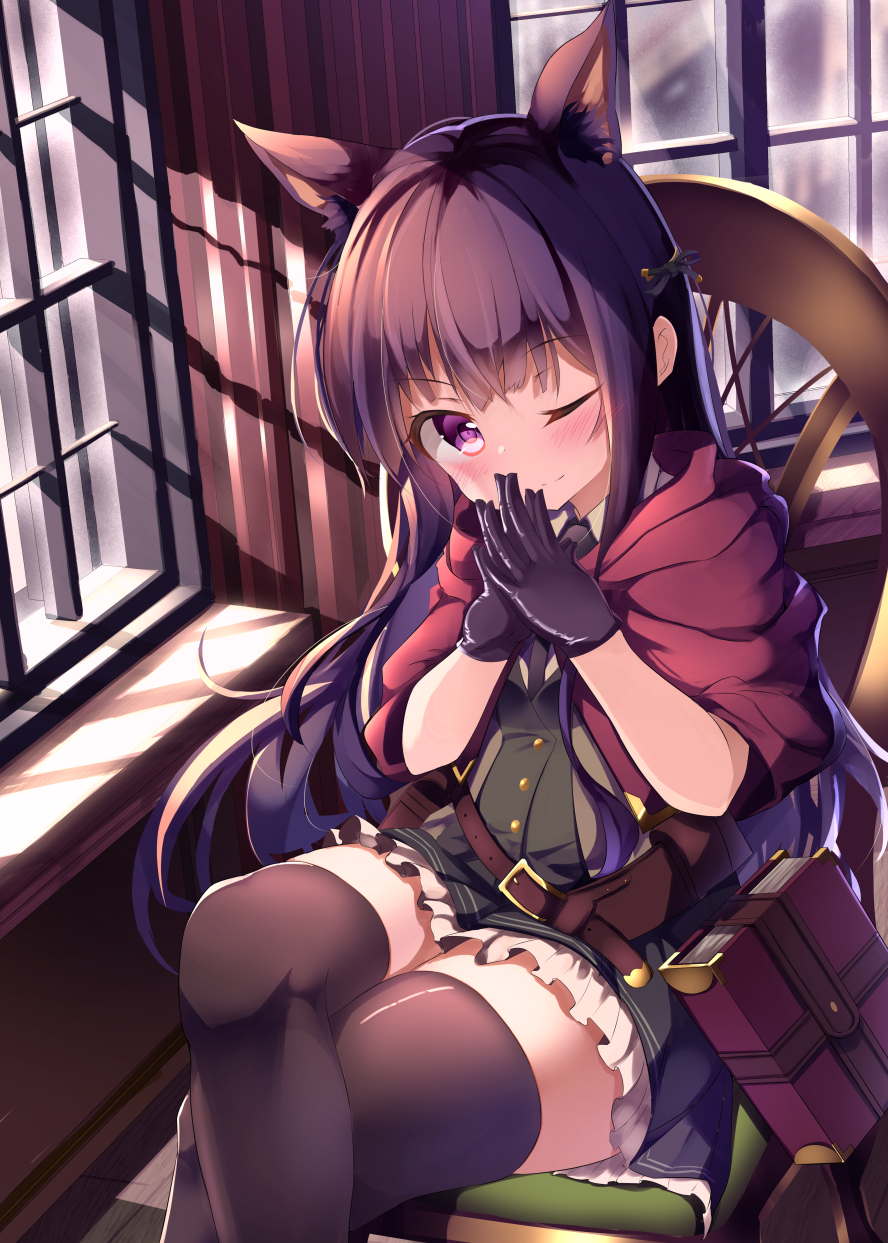 1girl, animal_ears, bangs, black_dress, black_gloves, black_hair, black_legwear, black_neckwear