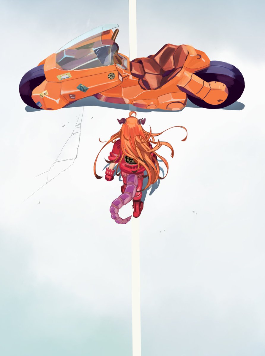 1girl, akira, clenched_hands, cosplay, dragon_girl, dragon_horns, dragon_tail, floating_hair