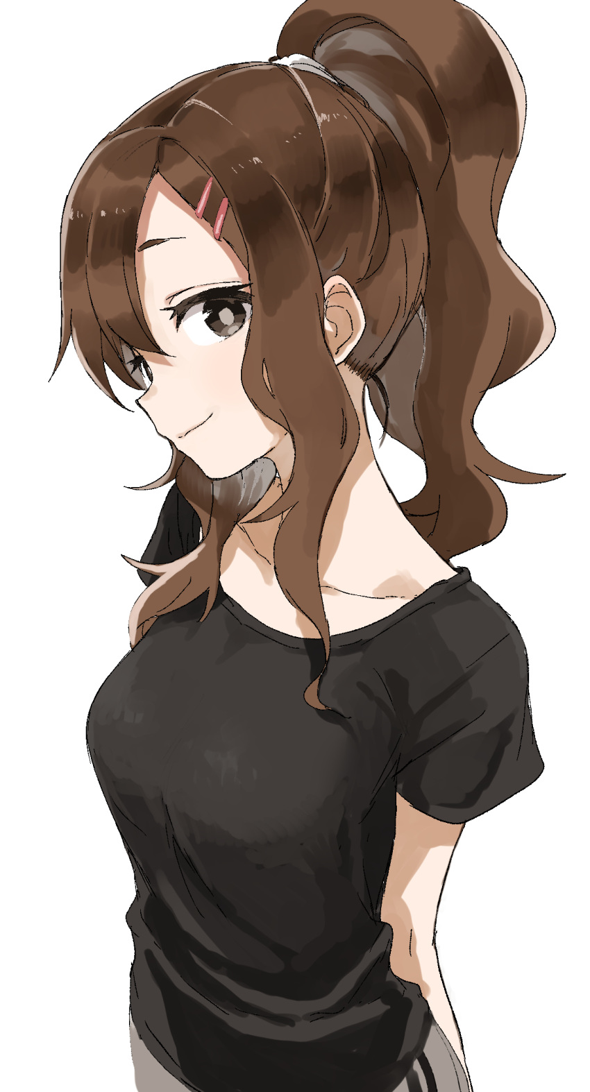 1girl, bangs, black_shirt, breasts, brown_eyes, brown_hair, check_commentary, closed_mouth